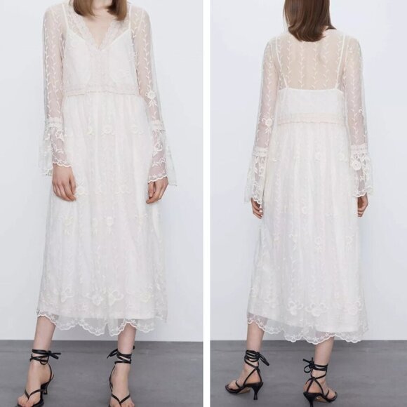 Zara Cream Sheer Long Bell Sleeves Boho Midi Dress Size Small - 35454 - Picture 1 of 13